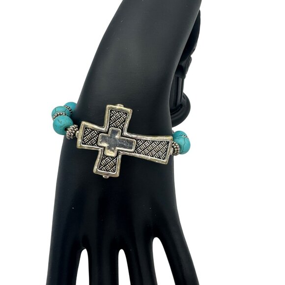 Beaded Turquoise Cross Stretch Bracelet With Silver-Tone Accents - Picture 2 of 3